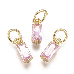 Brass Micro Pave Cubic Zirconia Charms, Long-Lasting Plated, with Jump Ring, Real 18K Gold Plated, Rectangle, Pearl Pink, 10x3x3mm, Hole: 3mm(ZIRC-F111-03G-03)