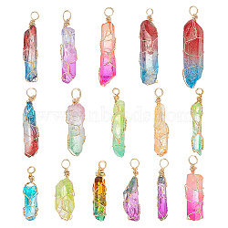 16Pcs Natural Dyed Quartz Bead Pointed Pendants, Bullet Charms, with Eco-Friendly Copper Wire Wrapped, Two Tone, Mixed Color, Real 18K Gold Plated, 31~50x6~12x5~12mm, Hole: 4~4.5mm(FIND-AR0004-24)