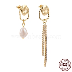 925 Sterling Silver Dangle Stud Earrings, Asymmetrical Earrings, with Ear Nuts, Natural Pearl and Clear Cubic Zirconia, White, Golden, 31mm and 59mm, Pin: 0.7mm(EJEW-F265-08G)