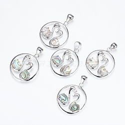 Shell Pendants, with Rhinestone & Brass Findings, Flat Round with Swan, Platinum, 33~35x29x3~4mm, Hole: 4x6mm(SSHEL-E559-06P)