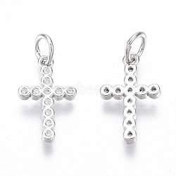 Brass Micro Pave Cubic Zirconia Tiny Cross Charms, with Jump Ring, Nickel Free, Clear, Real Platinum Plated, 14x8.5x1.5mm, Hole: 3mm(ZIRC-R109-019P-NF)