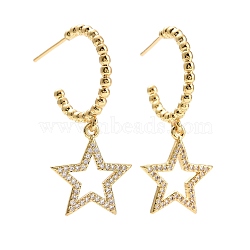 C-Shape with Star Cubic Zirconia Dangle Stud Earrings, Real 18K Gold Plated Brass Long Drop Half Hoop Earrings for Women, Lead Free & Cadmium Free, Clear, 37x19.5mm, Pin: 0.6mm(EJEW-E167-06G)