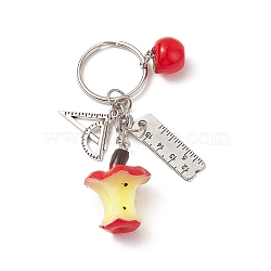 Red Apple & Triangular Ruler Resin & Alloy Pendant Keychain, with Iron Rings, for Teacher's Day Gifts, Antique Silver & Platinum, 8.4cm(KEYC-TA00004)