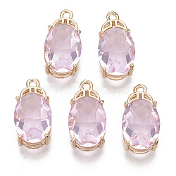 Glass Pendants, with Brass Open Back Settings, Faceted, Oval, Light Gold, Pink, 20x10x7.5mm, Hole: 1.4mm(GLAA-T021-16C)