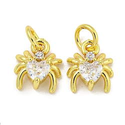 Rack Plating Brass Micro Pave Cubic Zirconia Spider Charms, Long-Lasting Plated, Cadmium Free & Lead Free, Real 18K Gold Plated, Clear, 9x8x4mm, Hole: 3.5mm(ZIRC-I065-02H)