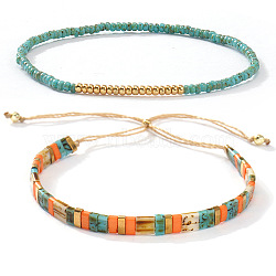 2Pcs 2 Styles Bohemian Glass Seed Bead Stretch & Slider Bracelet Set for Women, Mixed Color, 11.02 inch(28cm)(VC8065-4)