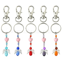 Glass & Acrylic Pendant Keychain, with Iron Split Key Rings, Heart & Angel, Mixed Color, 8.1~8.2cm(KEYC-FS0001-04)