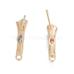 Brass Micro Pave Cubic Zirconia Stud Earring Findings, with Horizontal Loops, Nickel Free, Bamboo Stick, Real 18K Gold Plated, Clear, 16x4.5mm, Hole: 1.2mm, Pin: 0.8mm(KK-T062-247G-02)