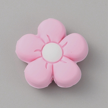 Food Grade Eco-Friendly Silicone Beads, Chewing Beads For Teethers, DIY Nursing Necklaces Making, Flower, Pink, 26~26.5x10mm, Hole: 3mm