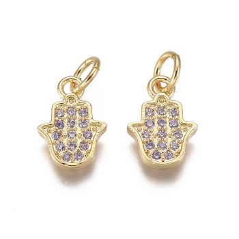 Religion Brass Micro Pave Cubic Zirconia Charms, with Jump Rings, Hamsa Hand/Hand of Fatima /Hand of Miriam, Lilac, Golden, 10.5x7x1.5mm, Hole: 3mm