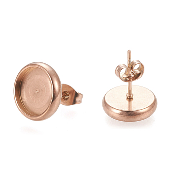 Ion Plating(IP) 304 Stainless Steel Stud Earring Settings, with Ear Nuts, Flat Round, Rose Gold, 12.5mm, Pin: 0.8mm, Tray: 10mm