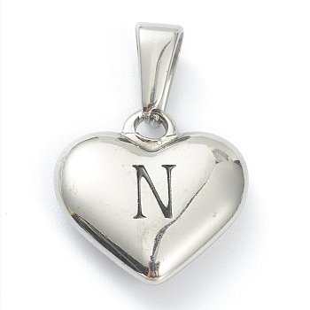 304 Stainless Steel Pendants, Heart with Black Letter, Stainless Steel Color, Letter.N, 16x16x4.5mm, Hole: 7x3mm