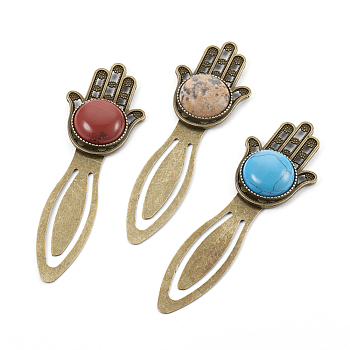 Iron Bookmarks, with Natural & Synthetic Mixed Stone Beads, Hamsa Hand/Hand of Fatima/Hand of Miriam, Antique Bronze, 92x29x9.5mm