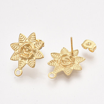 304 Stainless Steel Stud Earring Findings, with Loop and Ear Nuts/Earring Backs, Flower, Golden, 20x17mm, Hole: 1.8mm, Pin: 0.8mm