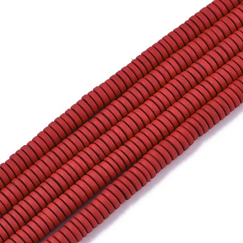 Spray Painted Non-magnetic Synthetic Hematite Beads Strands, Heishi Beads, Flat Round/Disc, Red, 4x1mm, Hole: 0.8mm, about 335~340pcs/strand, 15.75 inch(40cm)