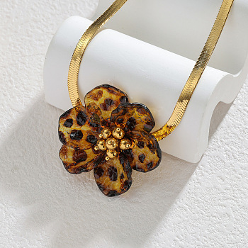 Acrylic Leopard Print 3D Flower Pendant 304 Stainless Steel Flat Snake Chain Necklaces for Women, Golden, Saddle Brown, 16.14 inch(41cm)