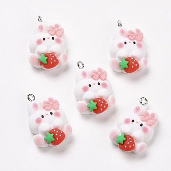 Resin Pendants, with Platinum Iron Findings, Cute, Rabbit with Strawberry, White, 27.5x17.5x8mm, Hole: 2mm