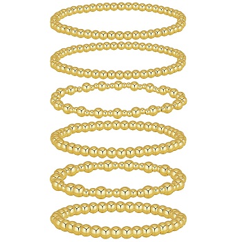 6Pcs Round Brass Beaded Stretch Bracelets for Women, Golden, Inner Diameter: 2-1/8 inch(5.5cm)