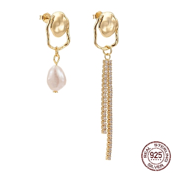 925 Sterling Silver Dangle Stud Earrings, Asymmetrical Earrings, with Ear Nuts, Natural Pearl and Clear Cubic Zirconia, White, Golden, 31mm and 59mm, Pin: 0.7mm