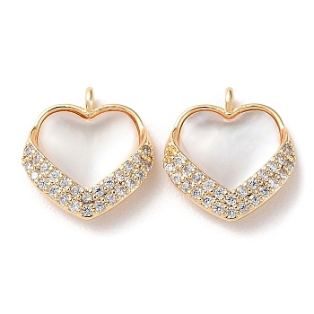 Brass Micro Pave Cubic Zirconia & Sea Shell Charms, Heart, Real 18K Gold Plated, 13x11.5x3.5mm, Hole: 1.2mm