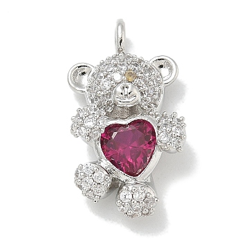 Rack Plating Brass Micro Pave Cubic Zirconia Pendants, Long-Lasting Plated, Lead Free & Cadmium Free, Bear Charms, Platinum, 18.5x10x4.5mm, Hole: 2.2mm