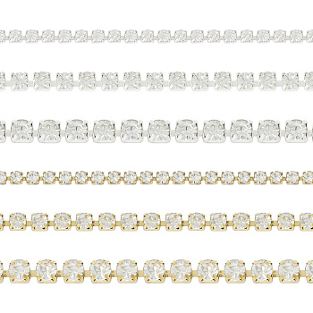 Pandahall 6m 6 Style Brass Rhinestone Strass Chains, Crystal Rhinestone Cup Chains, Golden & Silver, 2~4x2~3.8mm, 1m/style