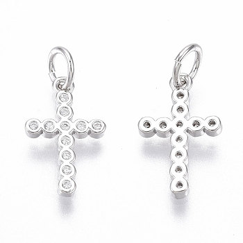 Brass Micro Pave Cubic Zirconia Tiny Cross Charms, with Jump Ring, Nickel Free, Clear, Real Platinum Plated, 14x8.5x1.5mm, Hole: 3mm