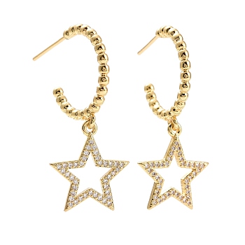 C-Shape with Star Cubic Zirconia Dangle Stud Earrings, Real 18K Gold Plated Brass Long Drop Half Hoop Earrings for Women, Lead Free & Cadmium Free, Clear, 37x19.5mm, Pin: 0.6mm
