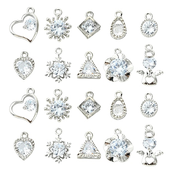 10Pcs 10 Styles Alloy Micro Pave Clear Cubic Zirconia Charms, Long-Lasting Plated, Mixed Shapes, Platinum, 11~19x7~13x1.5~5mm, Hole: 1~1.8mm, 1pc/style