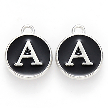 Platinum Plated Alloy Charms, Cadmium Free & Lead Free, with Enamel, Enamelled Sequins, Flat Round with Letter, Letter.A, 14x12x2mm, Hole: 1.5mm