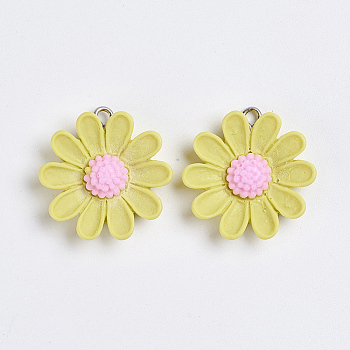 Resin Pendants, with Platinum Plated Iron Findings, Flower, Champagne Yellow, 26.5x25x6.5mm, Hole: 2mm