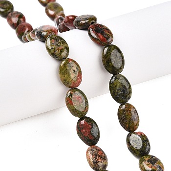 Natural Unakite Beads Strands, Flat Oval, 14x10x5.5mm, Hole: 1.2mm, about 28pcs/strand, 15.55''(39.5cm)