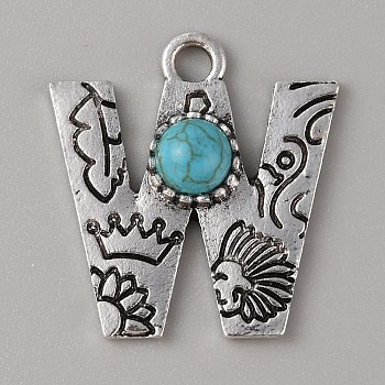 Alloy with Resin Imitation Synthetic Turquoise Pendants, Letter Charms, Antique Silver, Letter W, 26x24x5mm, Hole: 3mm
