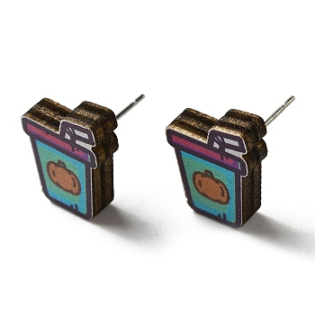 Wood Stud Earrings, with 316 Surgical Stainless Steel Pin, Thanksgiving Theme, Silver, Dark Turquoise, Drink, 16x12mm