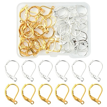 50Pcs 2 Color Brass Leverback Earring Findings, with Loops, Golden & Silver, 15x10mm, Hole: 1mm