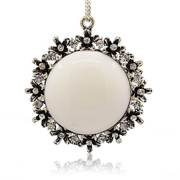Antique Silver Alloy Resin Big Pendants, with Crystal Rhinestone, Flat Round, White, 64x56x10mm, Hole: 2.5mm