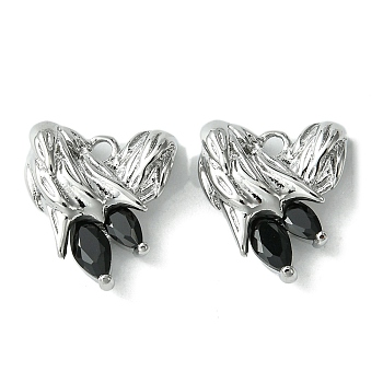 Brass Heart Charms, Real Platinum Plated, with Glass, Jet, 13x12x4mm, Hole: 1.5mm