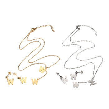 304 Stainless Steel Jewelry Sets, Cable Chains Pendant Necklaces and Stud Earrings, with Lobster Claw Clasps and Ear Nuts, Alphabet, Golden & Stainless Steel Color, Letter.W, 17.71 inch(45cm),  11x12x0.5mm, Pin: 0.8mm
