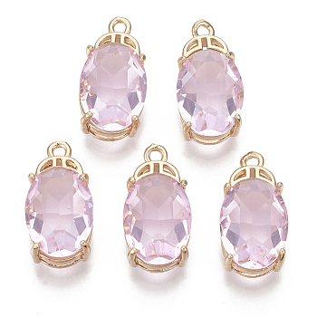 Glass Pendants, with Brass Open Back Settings, Faceted, Oval, Light Gold, Pink, 20x10x7.5mm, Hole: 1.4mm