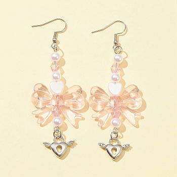 Bowknot & Heart Acrylic Dangle Earrings, Platinum Brass Long Drop Earrings for Women, Pink, 83mm, Pin: 0.6mm