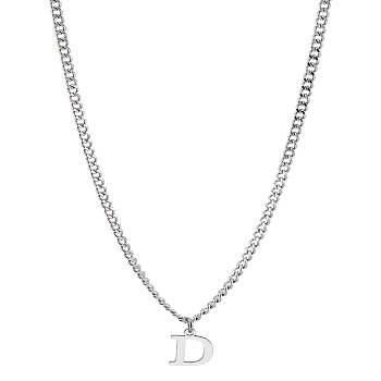 1Pc 304 Stainless Steel Letter Pendant Necklaces, Stainless Steel Color, Lead Free & Nickel Free & Cadmium Free, Letter D, 15.16 inch(38.5cm)~16.54 inch(42cm), Letter: 12.5x10.5mm
