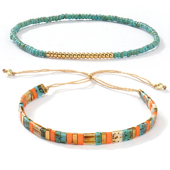 2Pcs 2 Styles Bohemian Glass Seed Bead Stretch & Slider Bracelet Set for Women, Mixed Color, 11.02 inch(28cm)