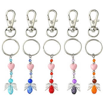 Glass & Acrylic Pendant Keychain, with Iron Split Key Rings, Heart & Angel, Mixed Color, 8.1~8.2cm