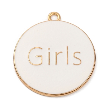 Alloy Enamel Pendants, Golden, Word Girls, Flat Round, 33.5x30x2.5mm, Hole: 2.5mm