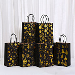 Christmas Theme Printed Paper Tote Bags with Handles, Rectangle Heavy Duty Storage Shopping Bags, Black, 8x15x21cm(ABAG-B008-01)