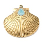 304 Stainless Steel with Enamel Pendants, Shell Shape Charms, Ion Plating(IP), Real 18K Gold Plated, Light Blue, 36.5x36.5x3mm, Hole: 2mm(SA-CBAF3AB-04G-01)