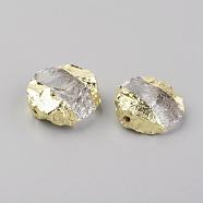 Natural Quartz Crystal Beads, with Brass Findings, Flat Round, Golden, 18~19x18~20x7~8mm, Hole: 1.5mm(G-G737-06)