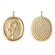 Brass Pendants, Nickel Free, Oval with Flower, Real 18K Gold Plated, 23.5x15x1.5mm, Hole: 2.5mm(KK-N233-253)