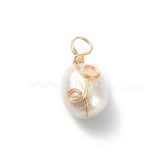 Grade AA Natural Cultured Freshwater Pearl Pendants, Long-Lasting Plated Eco-Friendly Copper Wire Wrapped Pearl Charms, Two Sides Polished, Golden, 16.5x8.5x8mm, Hole: 3.5mm(PALLOY-JF02072)