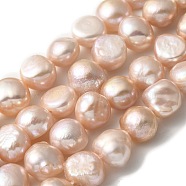 Natural Cultured Freshwater Pearl Beads Strands, Two Sides Polished, Light Salmon, 9~10mm, Hole: 0.5mm, about 20pcs/strand, 6.69''(17cm)(PEAR-A006-10F)